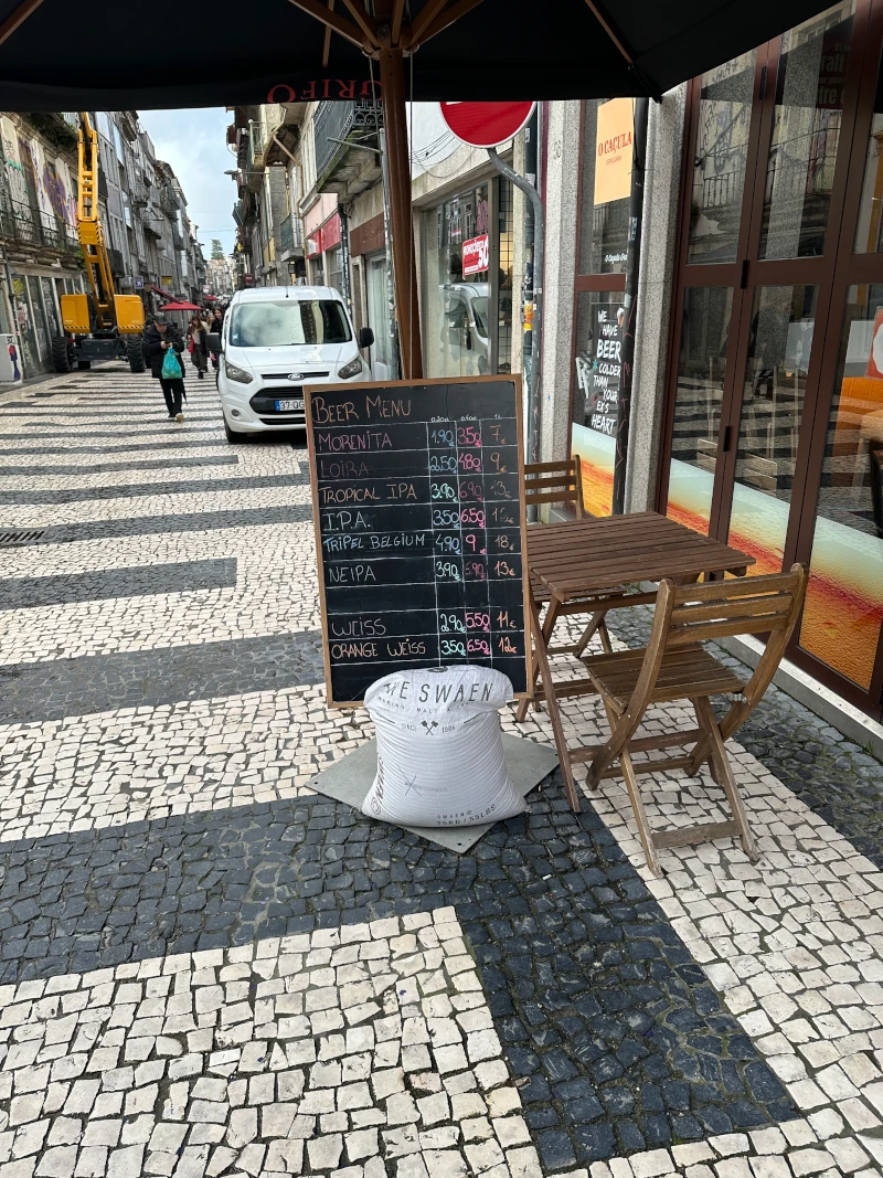 Food and drinks menu board at O Caçula Cervejaria Porto